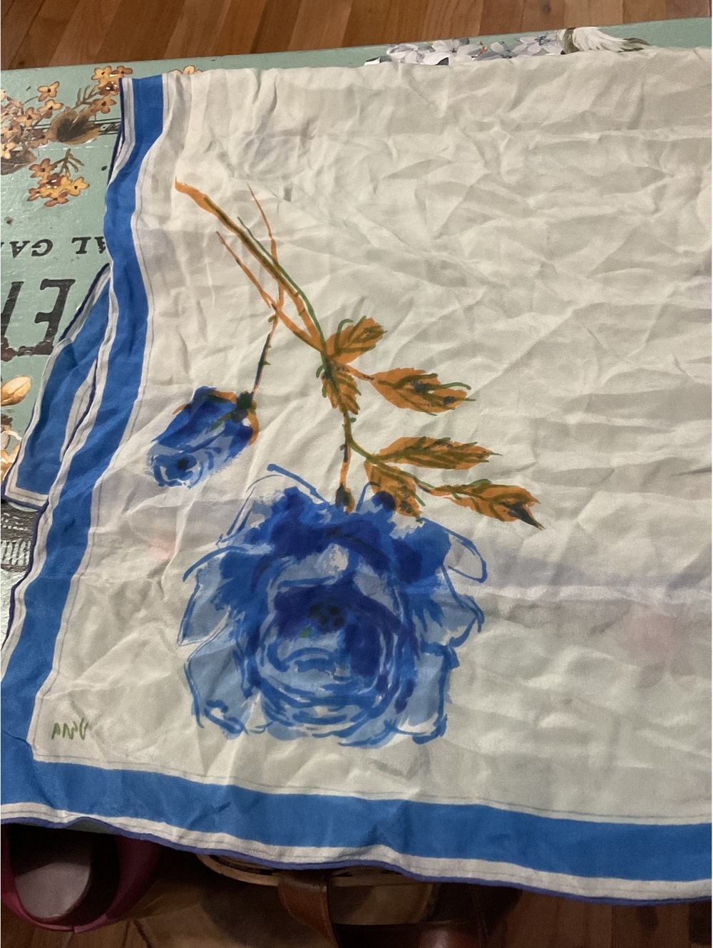 Vintage Vera Floral Blue Rose Silk Scarf with Blue Border